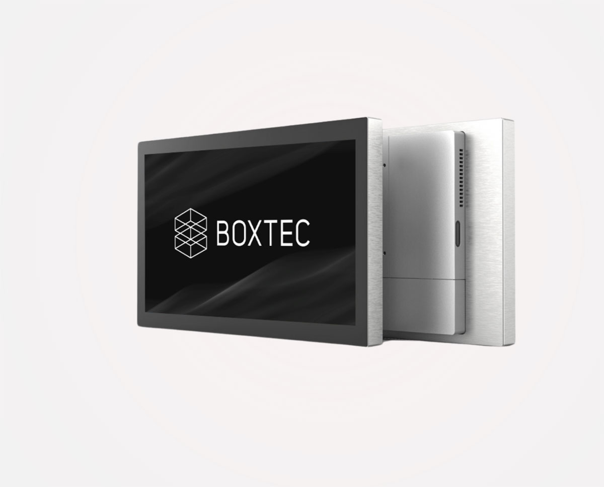 BOXTEC Core 900 stainless steel Panel PC series, front and rear views.